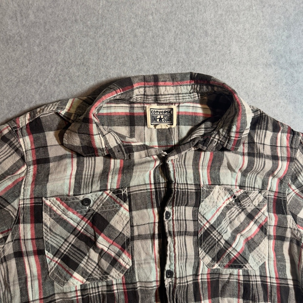 Converse One Star Mens Large Plaid Short Sleeve Button Down Shirt Grey Red Black
